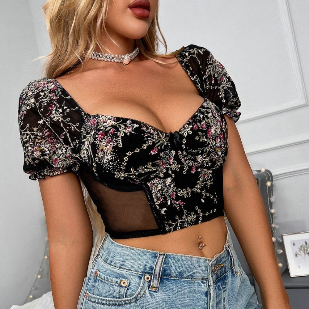 Boho Glam Black Embroidered Floral Bustier Crop Top